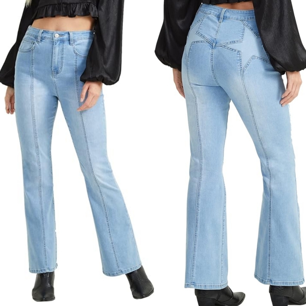 ALTAR'D STATE Women's Kayla Star Print Flare Jeans, High Waisted Light Wash